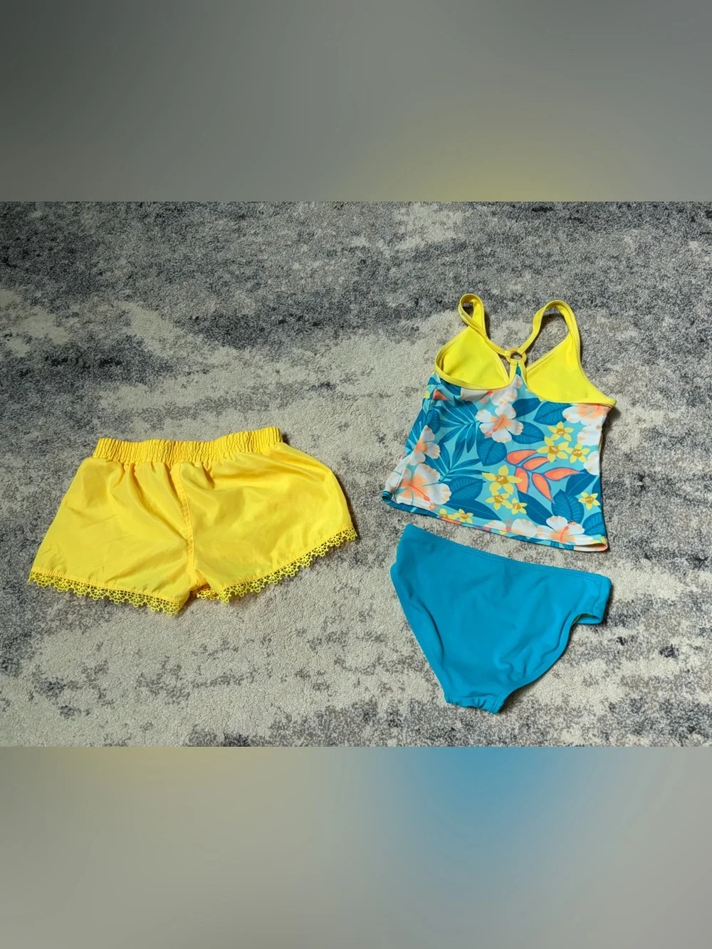 Girls' Tropical Blue Floral Tankini with Yellow Shorts